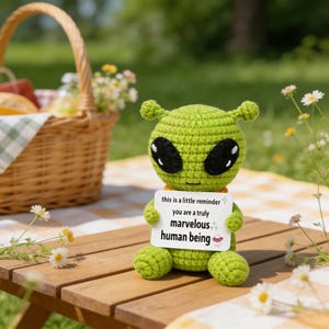 Può includere: Una bambola aliena verde all'uncinetto con grandi occhi neri e piccole antenne, che tiene in mano un cartello con la scritta "this is a little reminder you are a truly marvelous human being". La bambola è seduta su un tavolo di legno.