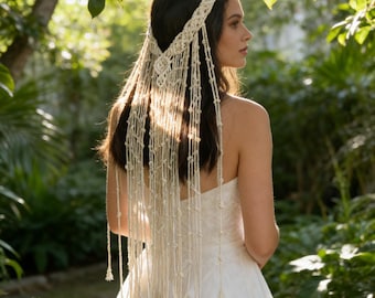 Boho Makramee Braut Kopfschmuck | Handgewebtes Hochzeit Haarschmuck | Boho Braut Fransen Stirnband