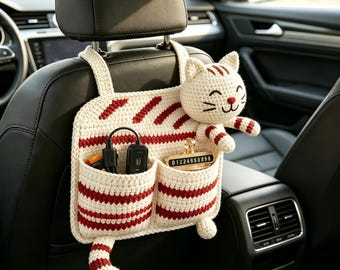 Organizador de coche para gatos y perros hecho a mano con ganchillo / Organizador para el asiento trasero con bolsillos / Regalo para amantes de los gatos que buscan un coche nuevo