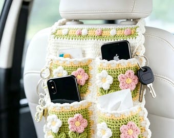 Organizador de coche de ganchillo hecho a mano, bolsa de almacenamiento floral para el asiento trasero, bonito accesorio para el coche.