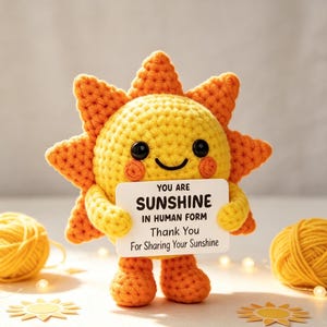 Op de afbeelding: Een geel en oranje gehaakt zon-knuffeltje met zwarte knoopogen en roze wangen, dat een wit rechthoekig bordje vasthoudt met de zwarte tekst: YOU ARE SUNSHINE IN HUMAN FORM Thank You For Sharing Your Sunshine.