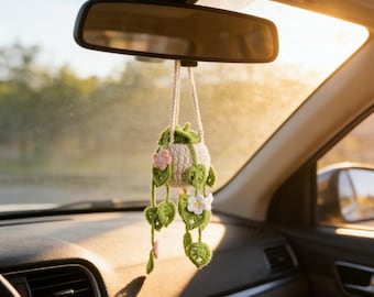 Colgante de ganchillo hecho a mano para coche con forma de planta / Adorno bohemio para el espejo retrovisor / Lindo accesorio para coche, regalo para ella