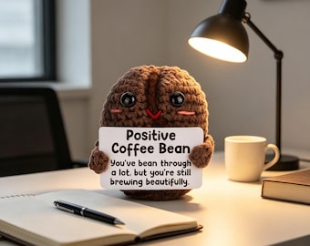 Gehäkelte positive Kaffeebohne Plüsch, Kaffee Wortspiel Ermutigung Amigurumi, Aufmunterungs Geschenk für Kaffeeliebhaber