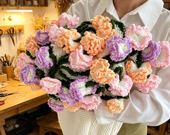 2026 Abschlussgeschenk für Sie, handgemachter Blumenüberwurf, gehäkelte Nelkenblumenstrauß-Decke