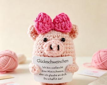 Häkelset „Positives Schweinchen“ (Amigurumi), Motivationsschweinchen-Plüschtiere, verschiedene Mutmachkarten mit inspirierenden Zitaten für den Schreibtisch