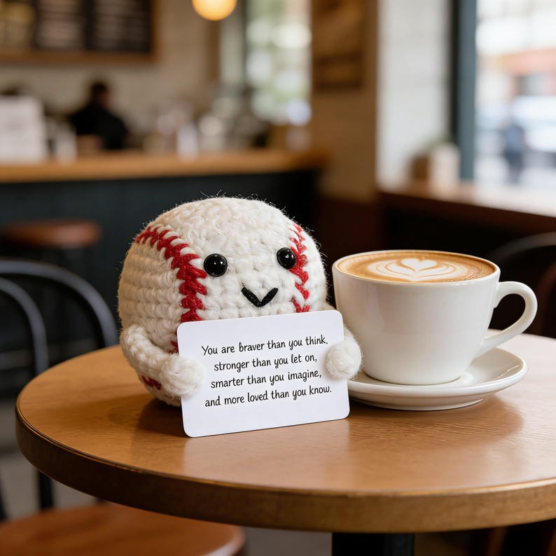 K&ouml;nnte beinhalten: Ein geh&auml;kelter Baseball-Charakter mit einem l&auml;chelnden Gesicht h&auml;lt eine Karte mit einer inspirierenden Botschaft. Der Baseball ist wei&szlig; mit roten N&auml;hten. Eine wei&szlig;e Kaffeetasse mit Latte Art steht auf einem Holztisch.