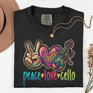 Camiseta Peace Love Cello, Estampa de Leopardo, Presente para Violoncelista, Camiseta Colorida de Instrumento Musical