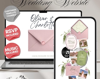 Sjabloon voor roze en groene bloemen bruiloft website met RSVP, muziek en afteltimer: bewerkbaar canva-ontwerp