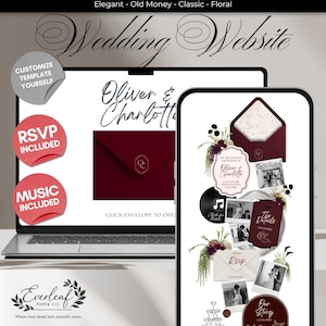 Burgundy Floral Wedding Website Template with RSVP, Music And Countdown Timer: Editable Canva Design
