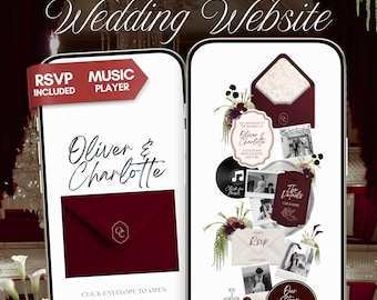 Burgundy Floral Wedding Website Template with RSVP, Music and Countdown Timer: Canva Editable Template (Digital Download)
