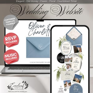 Dusty Blue Wedding Website Template with RSVP, Music and Countdown Timer: Editable Canva Site