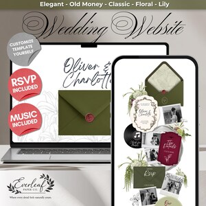 Botanical Calla Lily Wedding Invitation with RSVP, Music, Countdown Timer: Burgundy and Green, Editable Canva Template
