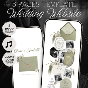Könnte beinhalten: Digitales Hochzeitswebsite-Template, dargestellt auf zwei Smartphones. Das Design zeigt einen olivgrünen Umschlag, florale Akzente und die Namen "Oliver & Charlotte". Der Text enthält "5 Pages Template" und "RSVP Included."