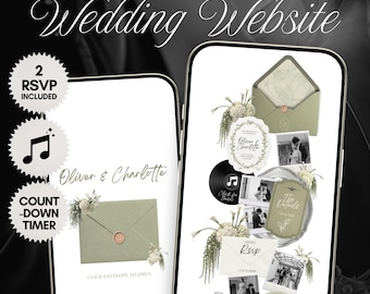 Sage Green & Ivory Floral Wedding Website Template with RSVP, Music, Countdown Timer: Editable Canva Design (Digital Download)