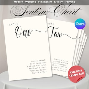 May include: Cream-colored seating chart template with elegant calligraphy. The design includes the words "Seating Chart", "Table One" and "Table Two". The template is for weddings and other events. The image also includes the text "Modern - Wedding - Minimalism - Elegant - Printing".