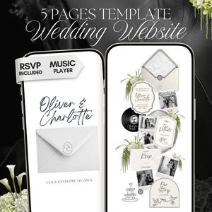 Op de afbeelding: Een 5-pagina trouwwebsite-sjabloon weergegeven op twee smartphones. De schermen tonen een ivoorkleurig ontwerp met een envelopafbeelding, RSVP- en muziekspelerfuncties, en tekst waaronder Oliver & Charlotte, The Details en Our Story.