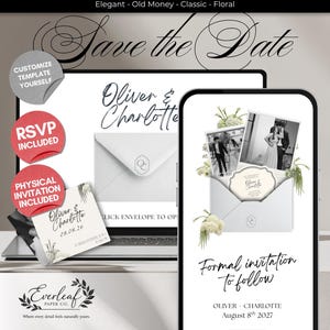 Floral Save the Date-website: ivoorkleurige huwelijksuitnodiging met canva-bericht en countdowntimer (digitale download)