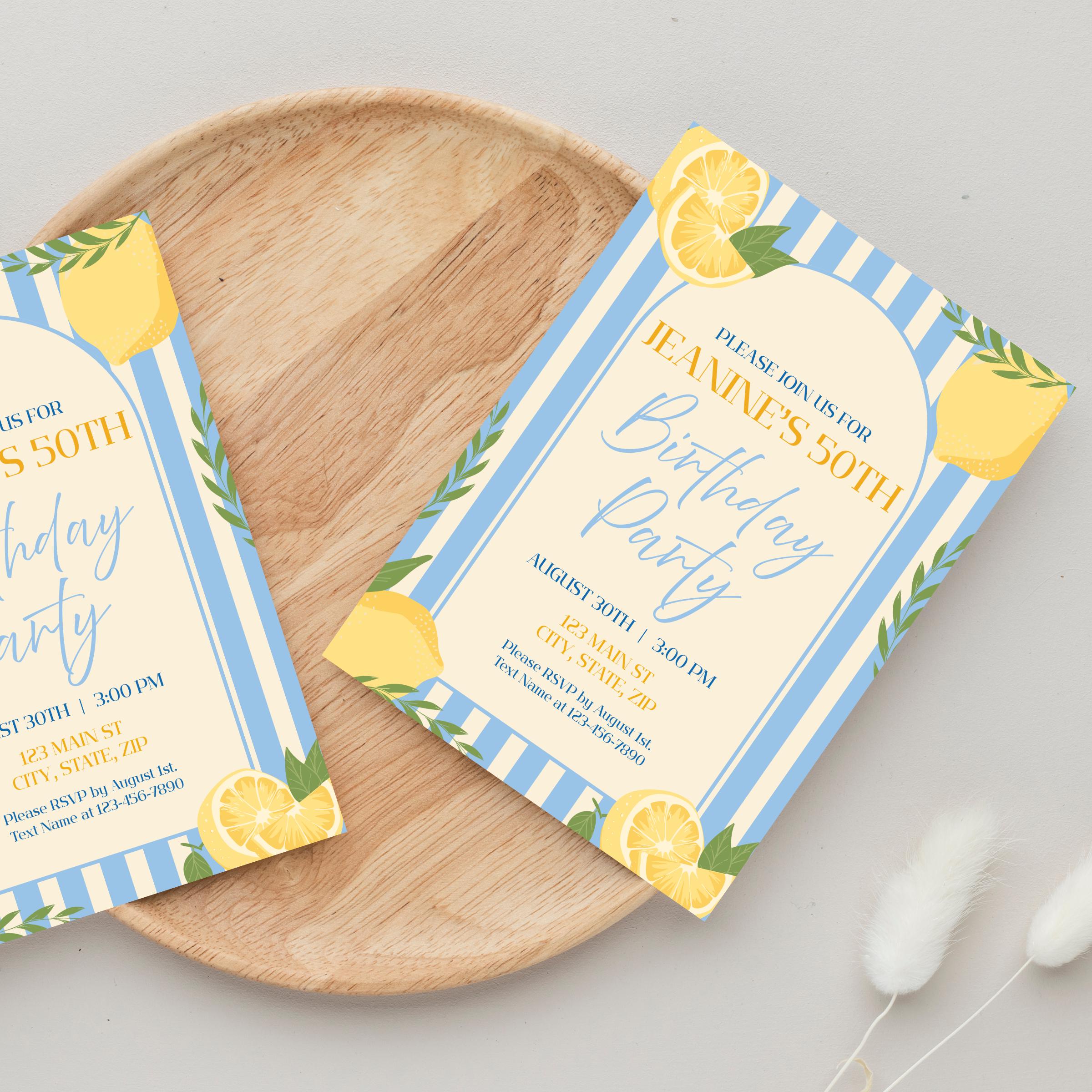 Lemon Birthday Party Invitation Template | Yellow & Light Blue Invite ...