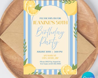 May include: A birthday party invitation with a lemon theme. The invitation has blue and white stripes, lemon illustrations, and the text "JEANINE'S 50TH Birthday Party". The invitation is on a wooden tray with a brown envelope.