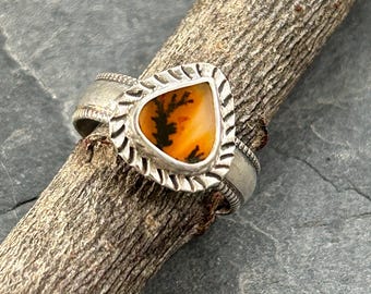 Anillo de ágata dendrítica, plata de ley, talla 8 1/4