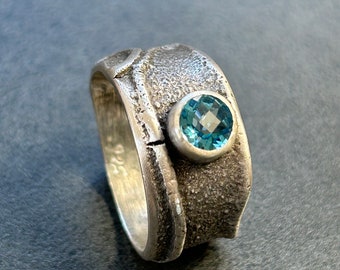 Round Swiss Blue Topaz Ring, Handmade, One of a Kind, Size 7 3/4