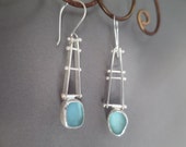 Blue Sea Beach Glass Asymmetrical Silver Earrings