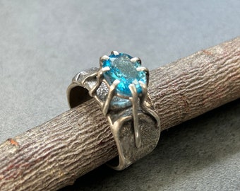 Swiss Blue Topaz Ring, gorgeous, Handmade, Brutalist, Size 8 1/4