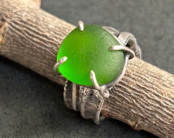 Emerald Green Sea Glass Ring, Beachglass, One of a Kind, Handmade, Size 8