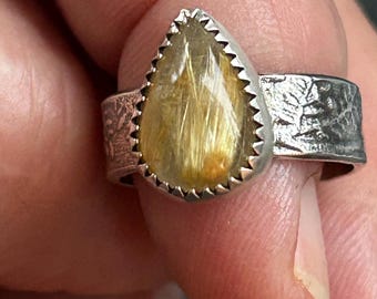 Anillo de cuarzo rutilado dorado, talla 5 1/2, hecho a mano