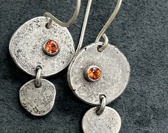 Orange Sapphire Drop  Earrings, sterling silver, handmade