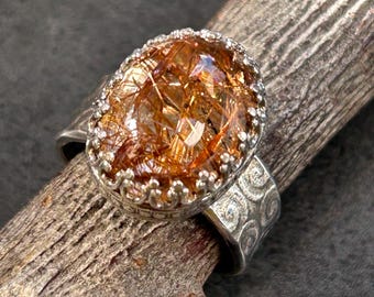 Anillo de cuarzo rutilado, talla 6 1/4, hecho a mano