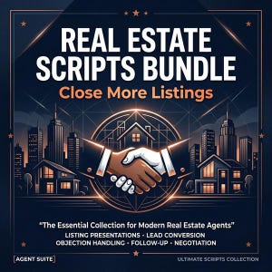 Może przedstawiać: Ciemnoniebieska grafika z tekstem "REAL ESTATE SCRIPTS BUNDLE" i "Close More Listings". Obraz przedstawia uścisk dłoni, domy i panoramę miasta. Poniżej widnieje napis "The Essential Collection for Modern Real Estate Agents".