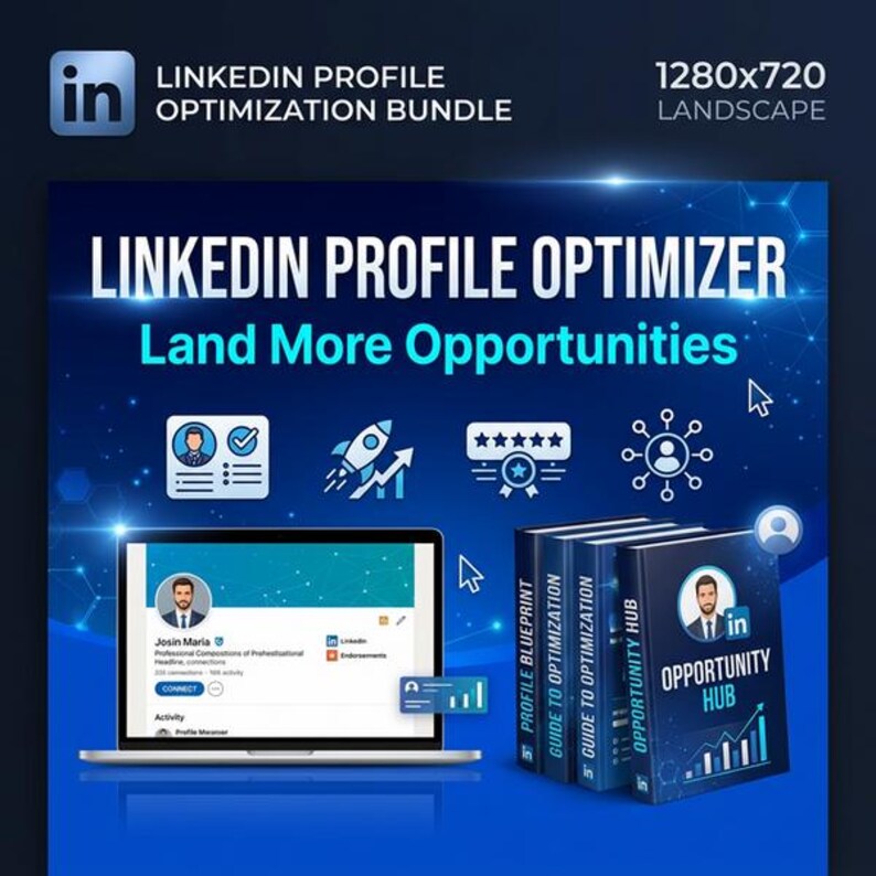 Pode incluir: Gr&aacute;fico digital que promove um pacote de otimiza&ccedil;&atilde;o de perfil do LinkedIn. A imagem apresenta um laptop exibindo um perfil do LinkedIn, juntamente com tr&ecirc;s livros intitulados "Profile Blueprint", "Guide to Optimization" e "Opportunity Hub". O texto "LinkedIn Profile Optimizer" e "Land More Opportunities" tamb&eacute;m s&atilde;o exibidos.