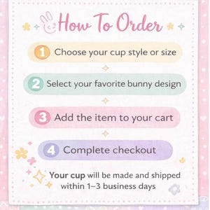 May include: A pastel pink and white graphic with the text "How To Order" and numbered steps for purchasing a cup. The steps include choosing a cup style, selecting a bunny design, adding to cart, and completing checkout.