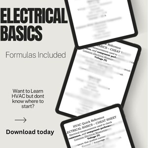 以下が含まれることがあります： HVACのチートシートを表示する3つのタブレットの画像。「ELECTRICAL BASICS」、「Formulas Included」、「HVAC Quick Reference」、「Download today」の文字が表示されています。タブレットには電気測定が表示されています。