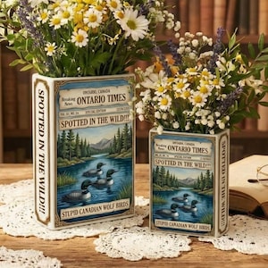 Stupid Canadian Wolf Birds Book Vase, Funny Loon Bird Literary Decor, Ceramic Book Shaped Flower Pot, Bird Lover Gift, Unique Shelf Decor