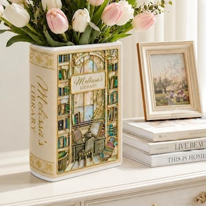 Personlig vas i keramik för bokhandel, bokhylledekor, läspresent, personligt blomsterminne, vintage biblioteksdekor