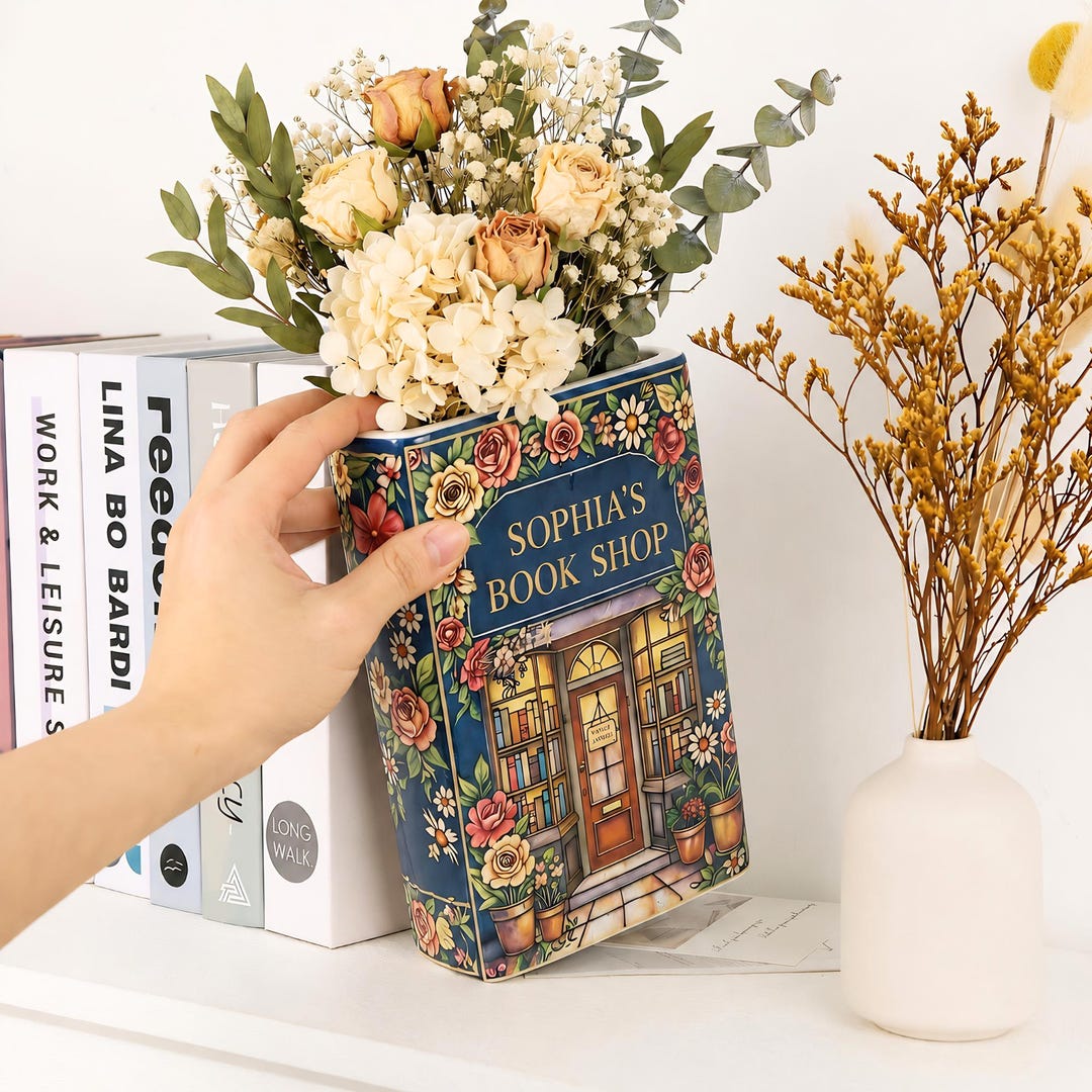 Personalized Floral Book Shop Flower Vase, Ceramic Bookshelf Decor ...
