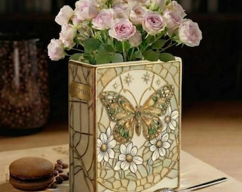 Custom Name Butterfly Stained Glass Book Vase, Mariposa Ceramic Book Vase, Book Lover Gift, Floral Butterfly Vase, Aesthetic Home Decor