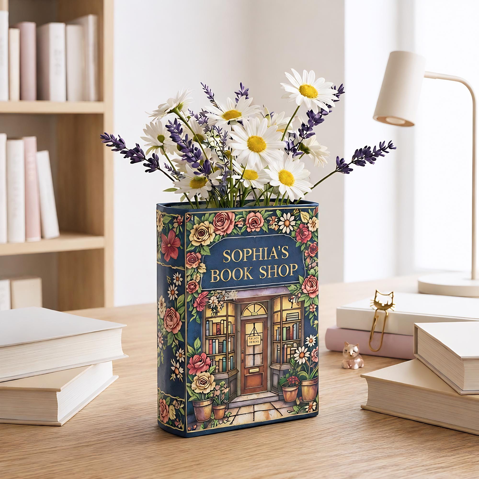 Personalized Floral Book Shop Flower Vase, Ceramic Bookshelf Decor ...