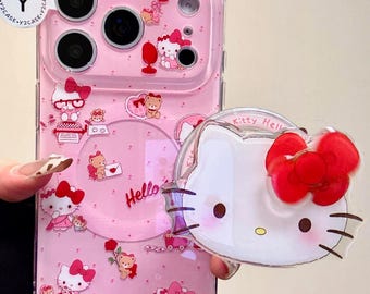 Funda MagSafe de gatito rosa kawaii con lazo giratorio y colgante, funda coqueta para iPhone 17, 16, 15, 14 y 13 Pro Max, un bonito regalo estético para inquietos.