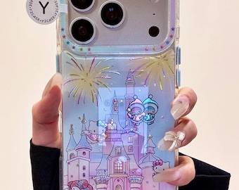 Kawaii Sanrio Dream Castle-hoesje met blauwe sterbedel, Hello Kitty Little Twin Stars-hoes iPhone 17 16 15 14 13 Pro Max, Y2K esthetisch cadeau