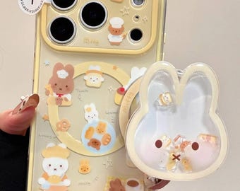 Nijntje MagSafe-telefoonhoesje met schudgreep en bakkerijbedel, kawaii geel desserthoesje voor iPhone 17 16 15 14 13 Pro Max, Coquette Bunny-cadeau