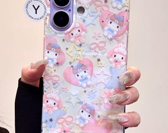 3D Hello Kitty My Melody Heart-hoes met sterbedel, kawaii Sanrio Coquette-cover iPhone 17 16 15 14 13 Pro Max, pastelkleurig Y2K esthetisch cadeau