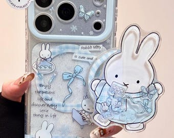 Nijntje Blue Moonlight MagSafe-hoesje met schudgreep en strikbedel, kawaii konijn hoes iPhone 17 16 15 14 13 Pro Max, cadeau winter