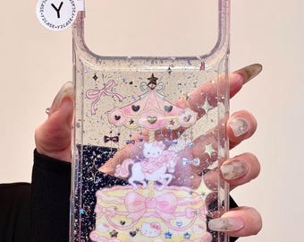 Hello Kitty carrousel roze glitterhoes met bedel, kawaii Sanrio Merry Go Round-hoes iPhone 17 16 15 14 13 Pro Max, Y2K Coquette Aesthetic