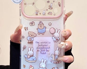 3D nijntje Playground-hoesje met sterbedel, kawaii konijn doorzichtige hoes iPhone 17 16 15 14 13 Pro Max, Y2K Coquette Soft Girl cadeau, roze bumper