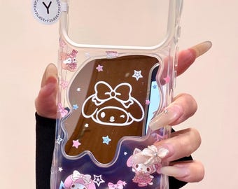My Melody Melting Mirror-hoesje met sterbedel, 3D-reliëf kawaii paarse hoes iPhone 17 16 15 14 13 Pro Max, Y2K Coquette Soft Girl cadeau