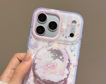 Nijntje Lavendel Moonlight MagSafe-hoesje met schudgreep en strikbedel, kawaii konijn telefoonhoesje iPhone 17 16 15 14 13 Pro Max, dromerig cadeau