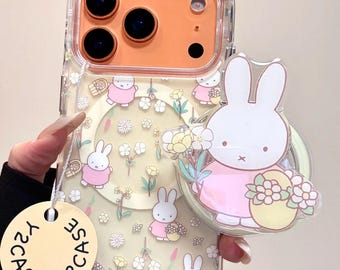 Miffy MagSafe Phone Case with Bunny Grip & Floral Charm for iPhone 17 16 15 14 13 Pro Max, Kawaii Flower Bunny Case, Coquette Aesthetic Gift